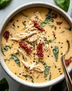 Creamy chicken soup with shredded chicken, sun-dried tomatoes, spinach, and cracked pepper in a rustic ceramic bowl