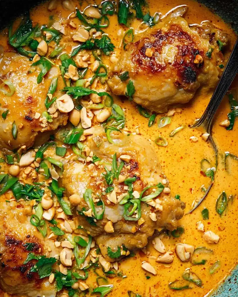 One Pan Coconut Lime Chicken Recipe with Creamy Sauce 1 Close-up of creamy coconut lime chicken thighs topped with chopped peanuts, scallions, and cilantro in a rich orange sauce