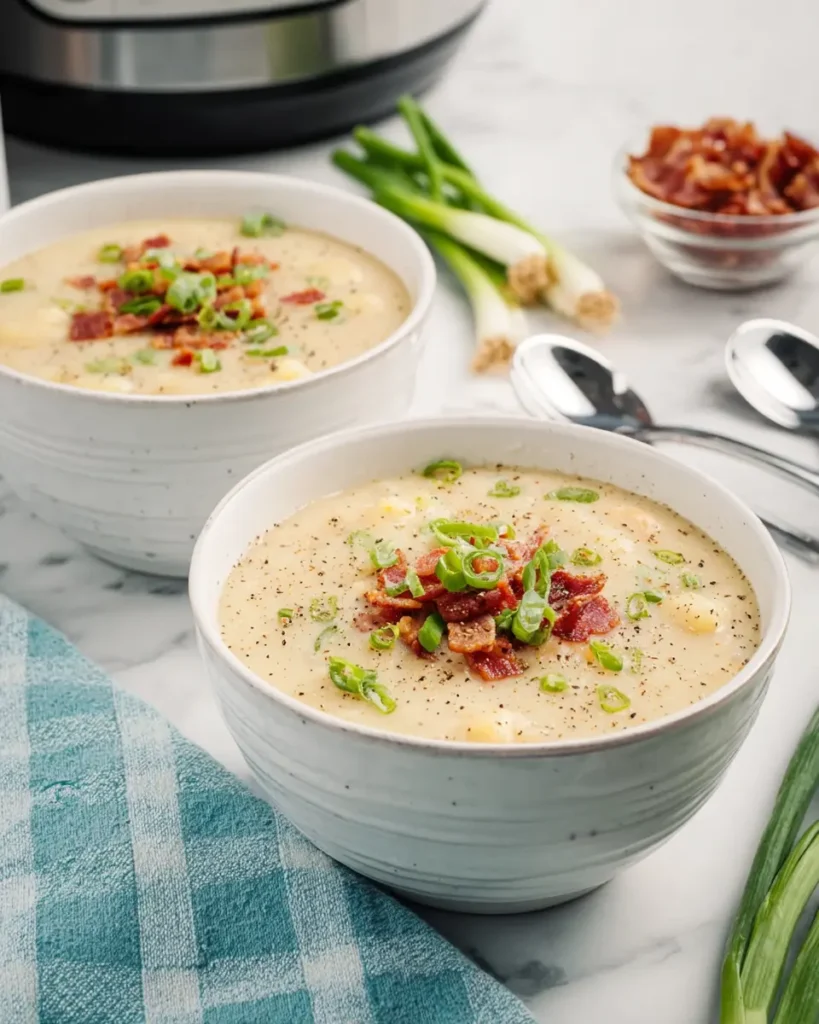 Crack Potato Soup – Creamy, Cheesy, and Comforting 10 Two bowls of creamy crack potato soup topped with bacon, green onions, and pepper on a marble surface.