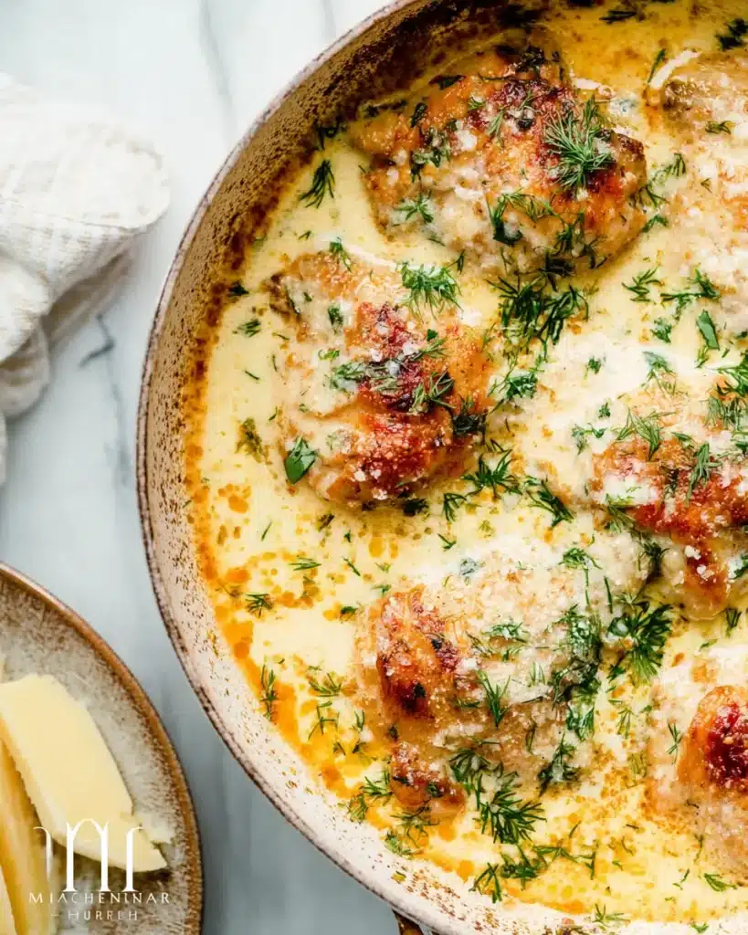 Creamy Oven Baked Chicken Thighs – Easy Comfort Food 11 Creamy garlic Parmesan chicken thighs baked and garnished with dill in a skillet beside wedges of Parmesan cheese