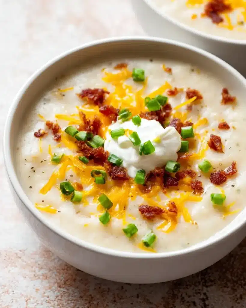 Loaded Baked Potato Soup Recipe for Cozy Nights 10 Loaded baked potato soup in a white bowl topped with melted cheddar, crispy halal meat, sour cream, and scallions.