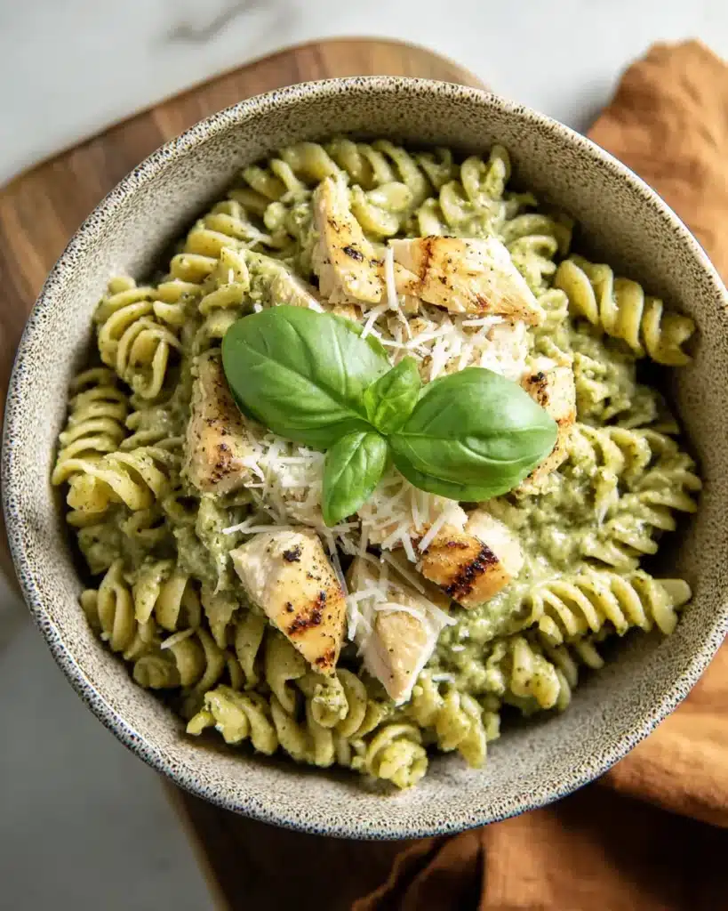 Rustic bowl of pesto rotini pasta with grilled chicken, Parmesan, and fresh basil leaves on a wooden table.