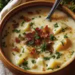 Crack Potato Soup – Creamy, Cheesy, and Comforting 11 Rustic bowl of creamy potato soup topped with crispy bacon bits and fresh parsley on a light surface.