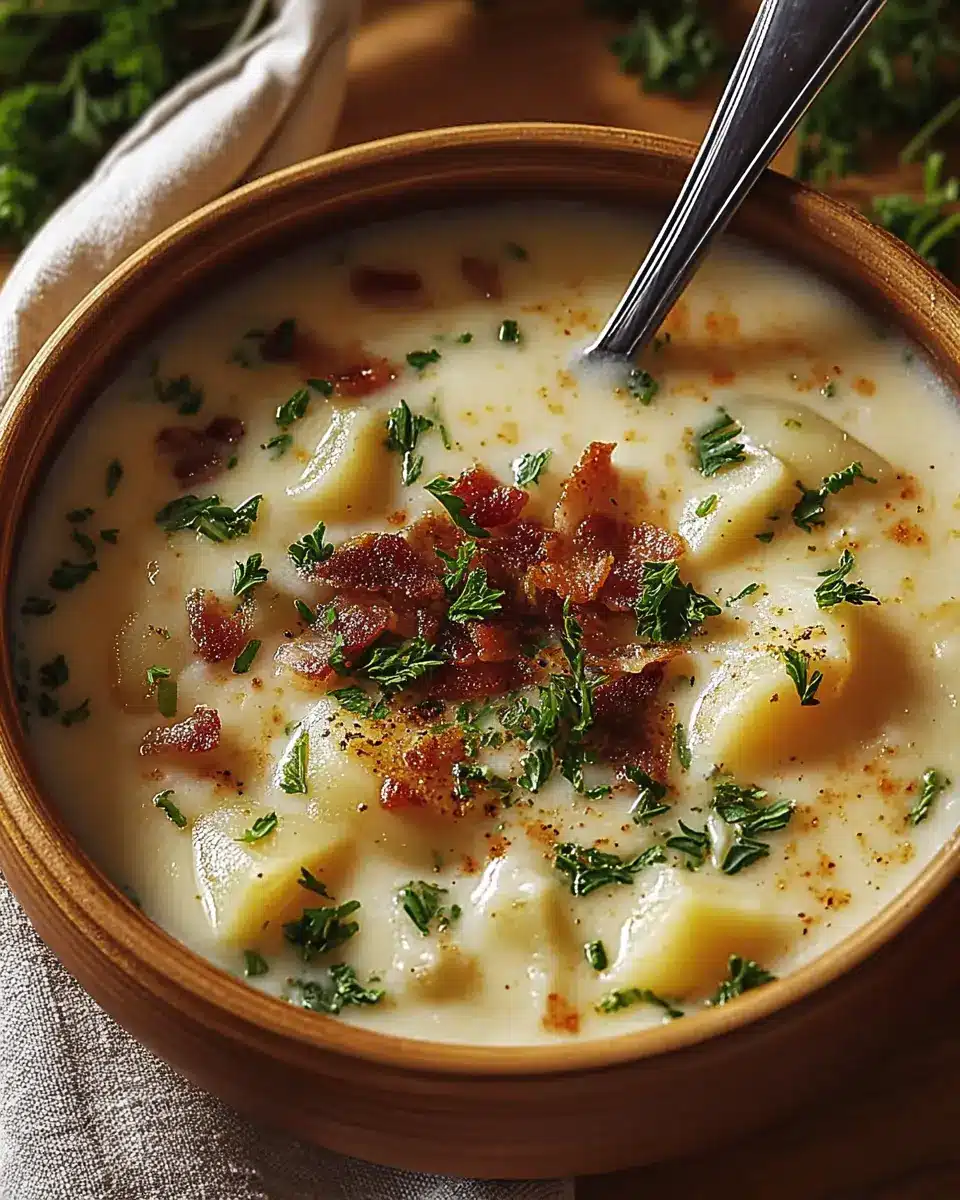 Rustic bowl of creamy potato soup topped with crispy bacon bits and fresh parsley on a light surface.