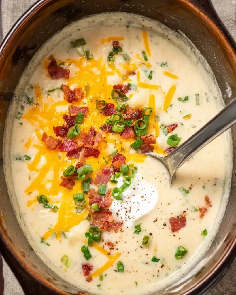 Creamy Potato Soup Recipe – Quick, Easy, and Comforting 10 Creamy potato soup in a pot with cheddar cheese, crispy bacon, green onions, and sour cream topping.