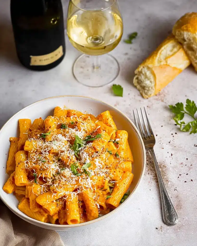 Creamy pumpkin pasta topped with Parmesan and parsley, served with buttered bread and white wine on a warm beige table.
