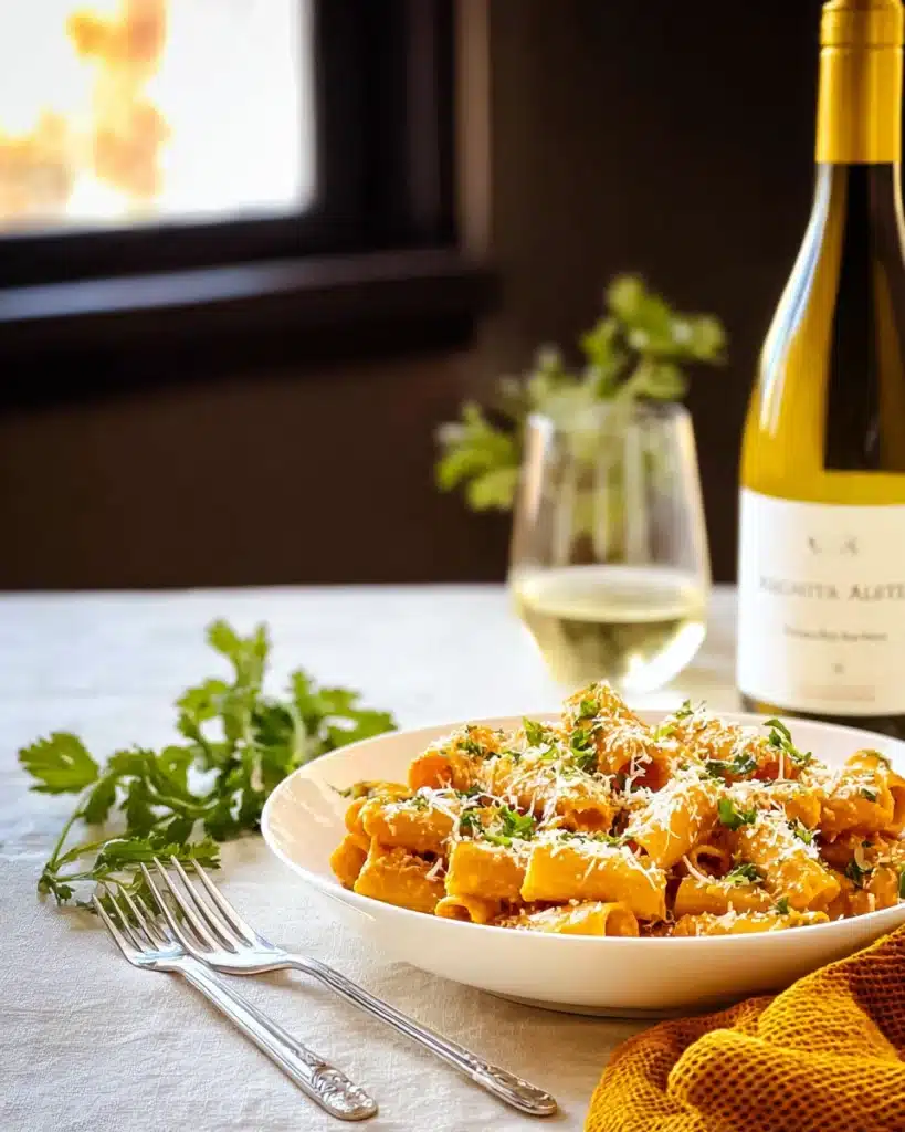 Bowl of creamy pumpkin pasta with fresh herbs and Parmesan, served with white wine and cozy fall table styling.