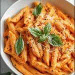 Creamy penne pasta in tomato sauce topped with basil and Parmesan in a white bowl on a rustic wooden table.