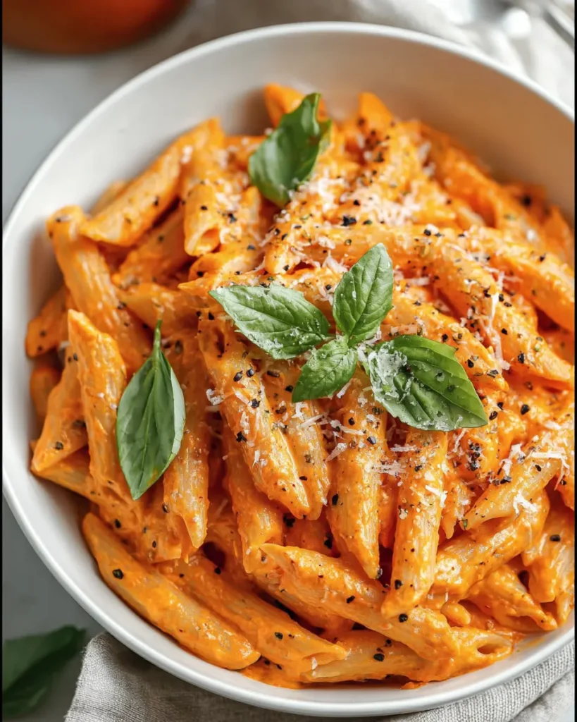 Creamy penne pasta in tomato sauce topped with basil and Parmesan in a white bowl on a rustic wooden table.