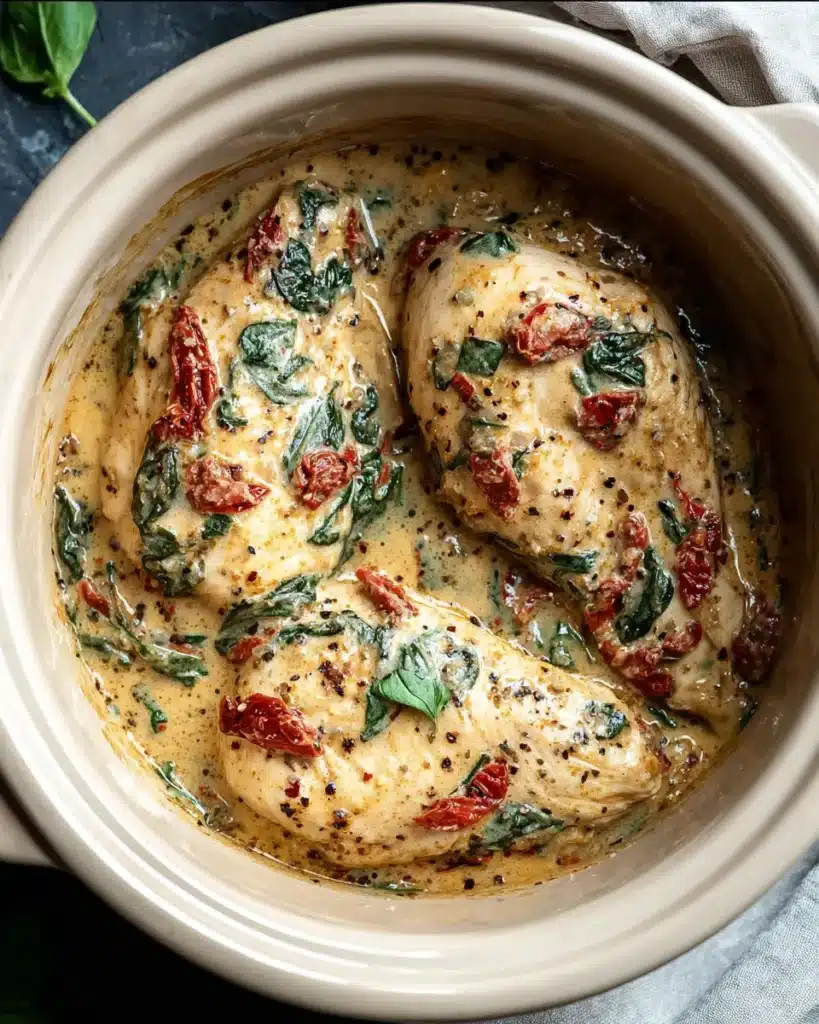 15 Easy & Delicious Crockpot Chicken Breast Recipes for Every Craving 7 Crockpot Tuscan chicken breasts in creamy sauce with spinach and sun-dried tomatoes