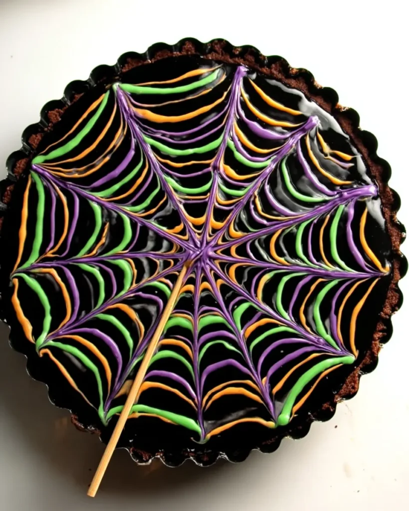 Top view of Spiderweb Brownie Tart with skewer dragging colorful circles into a web design.