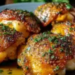 Baked Chicken Thighs (Crispy, Juicy, and So Easy!) 9 Close-up of crispy baked chicken thighs with golden-brown skin, glazed and sprinkled with herbs