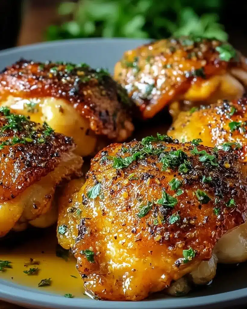 Close-up of crispy baked chicken thighs with golden-brown skin, glazed and sprinkled with herbs