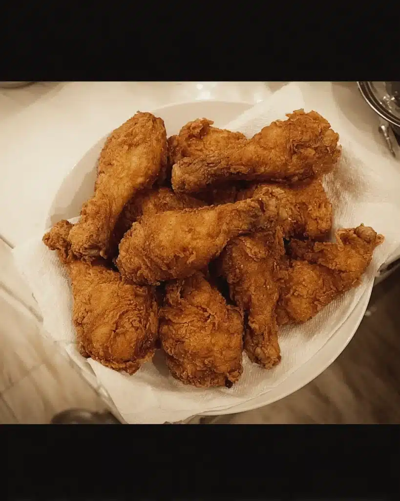 Golden-brown crispy fried chicken drumsticks on a plate lined with paper towels.