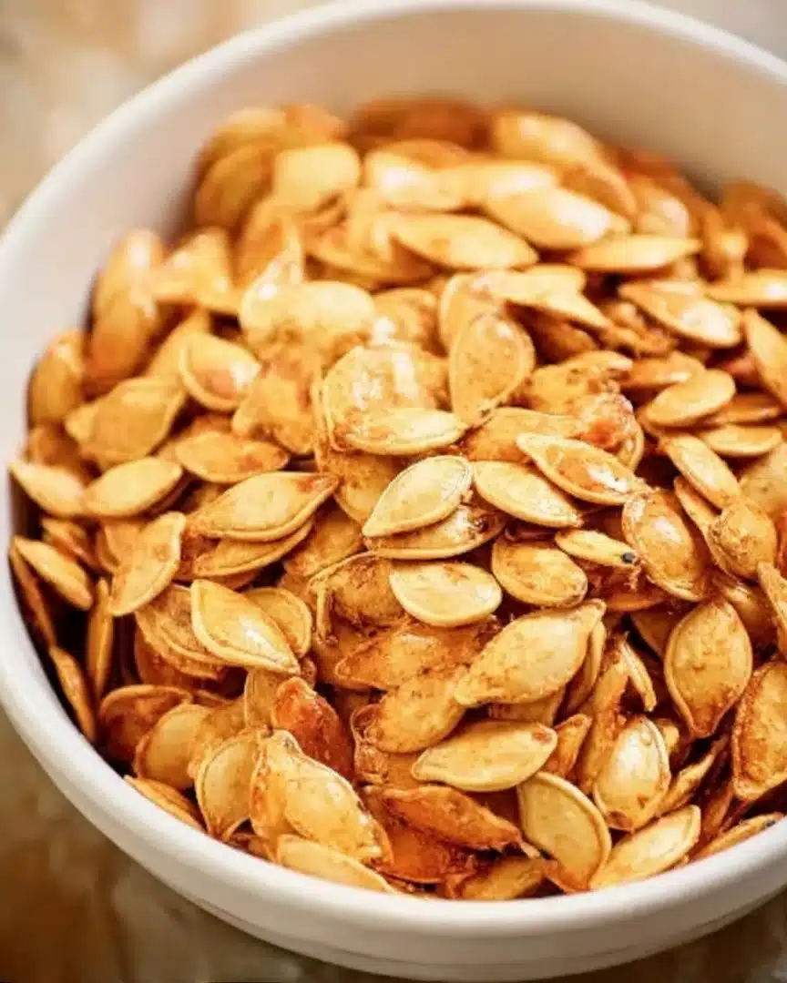 Crispy Pumpkin Seeds – Easy Air Fryer Recipe 4 Golden roasted pumpkin seeds in a white bowl, crispy and lightly salted