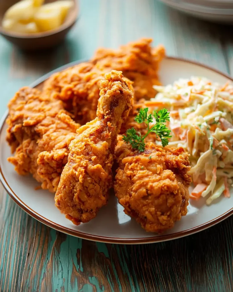 Plate of crispy Southern fried chicken with creamy coleslaw on rustic table.