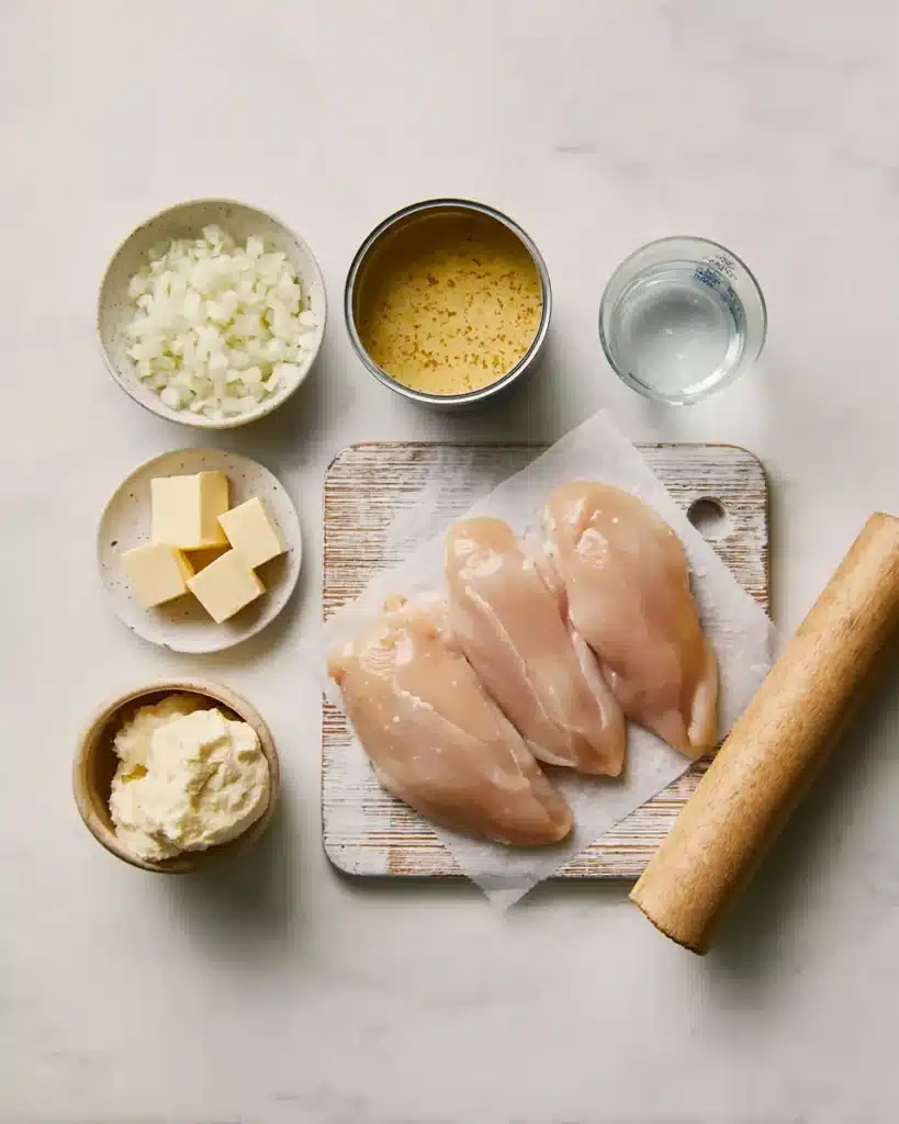 Crock Pot Chicken and Dumplings Recipe for Cozy Comfort 11 Crock Pot Chicken and Dumplings ingredients laid out on white surface