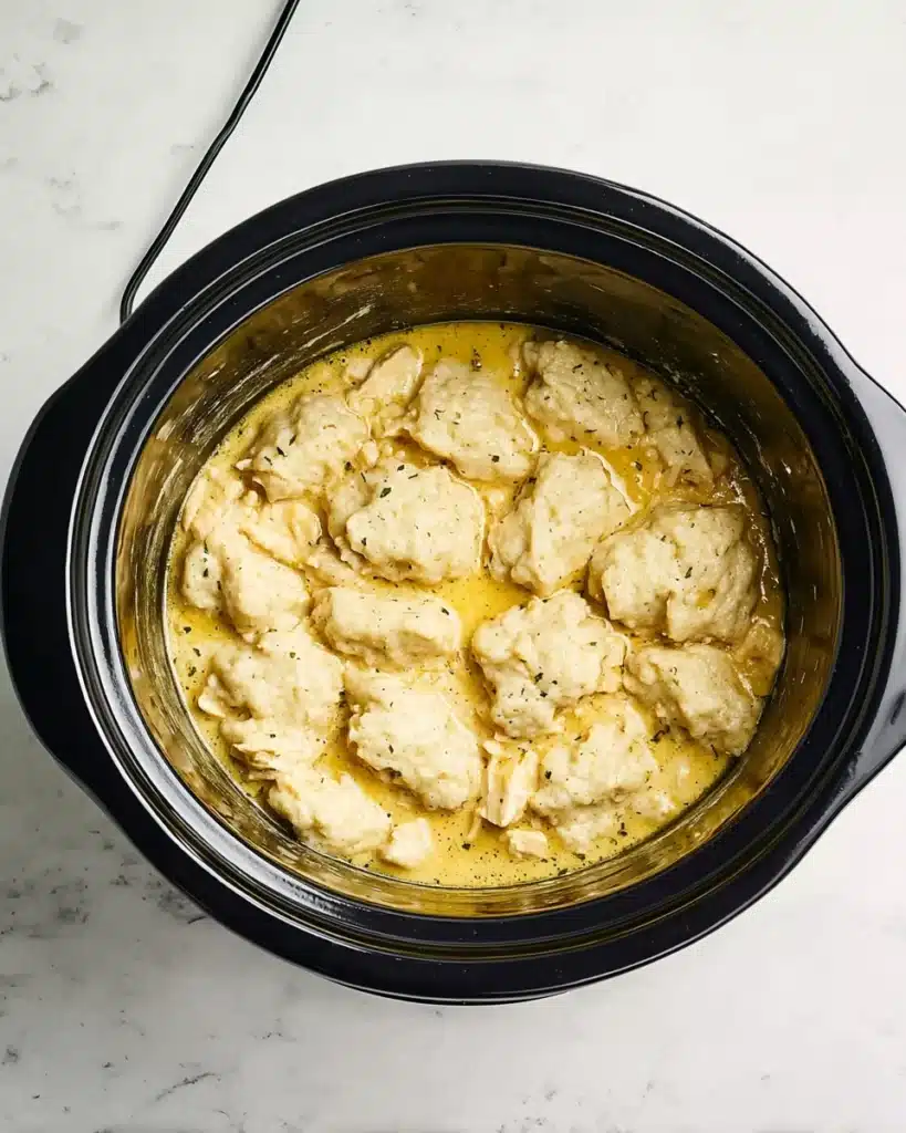 Crock Pot Chicken and Dumplings Recipe for Cozy Comfort 12 Crock Pot Chicken and Dumplings cooking in slow cooker