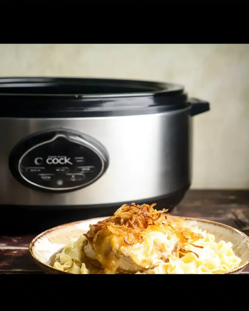 Crock Pot French Onion Chicken That’s Rich, Cheesy, and Easy 7 Slow cooked French Onion Chicken plated in front of a Crock Pot with melty cheese and egg noodles