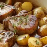 Slow-cooked bone-in pork chops with halved baby potatoes in savory broth, garnished with fresh thyme.