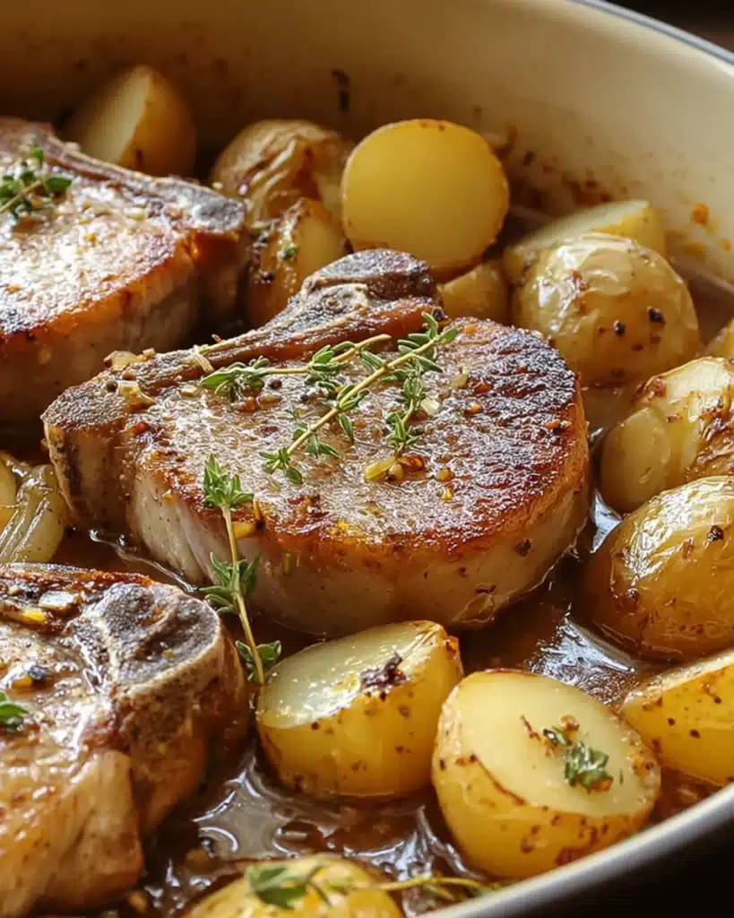Slow-cooked bone-in pork chops with halved baby potatoes in savory broth, garnished with fresh thyme.
