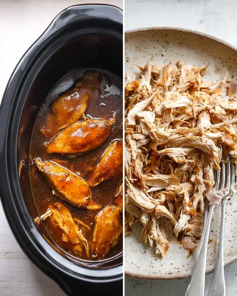 Side-by-side image of crock pot teriyaki chicken cooking and shredded chicken ready to serve.