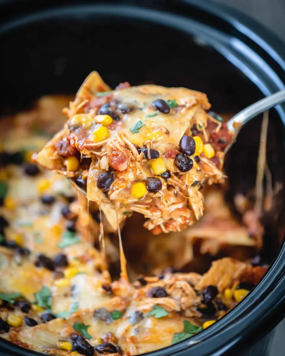 Crockpot chicken enchiladas casserole with melted cheese, black beans, corn, and shredded chicken served hot from a slow cooker.
