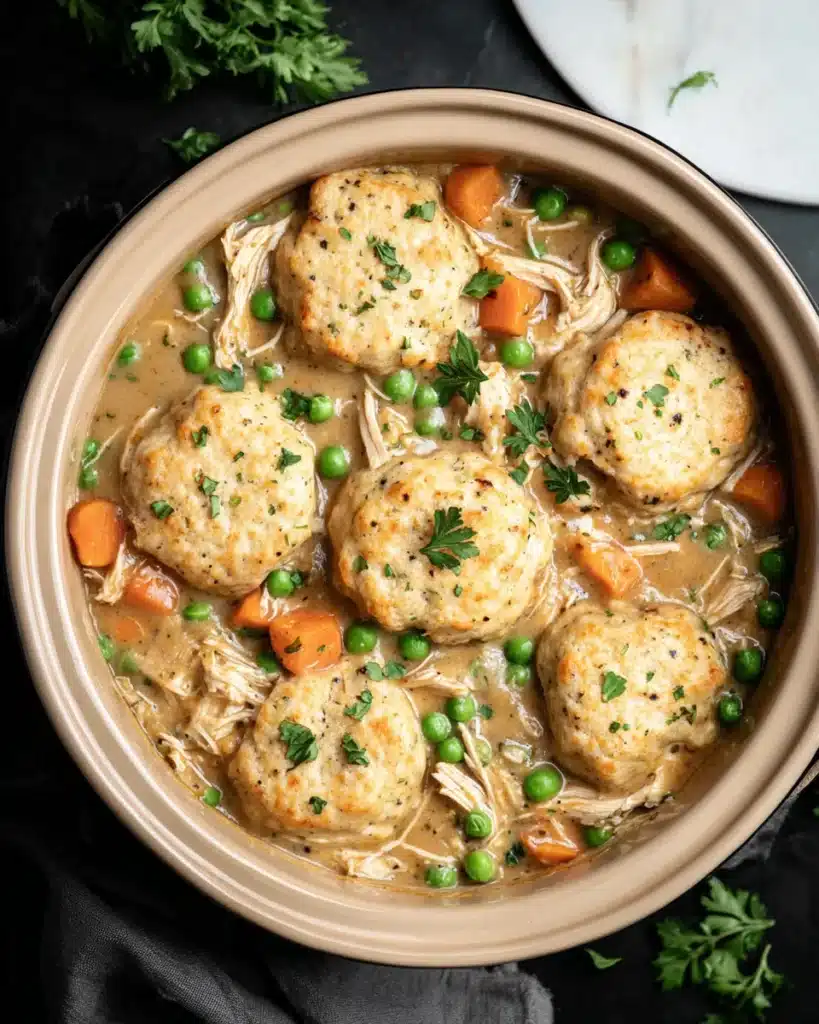 15 Easy & Delicious Crockpot Chicken Breast Recipes for Every Craving 8 Slow cooker chicken and dumplings with biscuits, peas, carrots, and shredded chicken