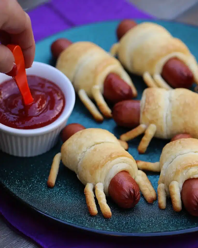 Adding ketchup eyes to spooky spider hot dogs on a glittery plate.