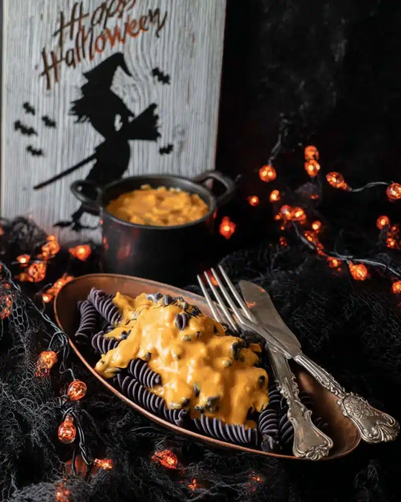 Halloween Pumpkin Ale Mac and Cheese – A Spooky Twist on Comfort Food 13 Halloween pumpkin ale mac and cheese with black pasta and orange sauce served in a festive scene with witch sign and glowing lights.