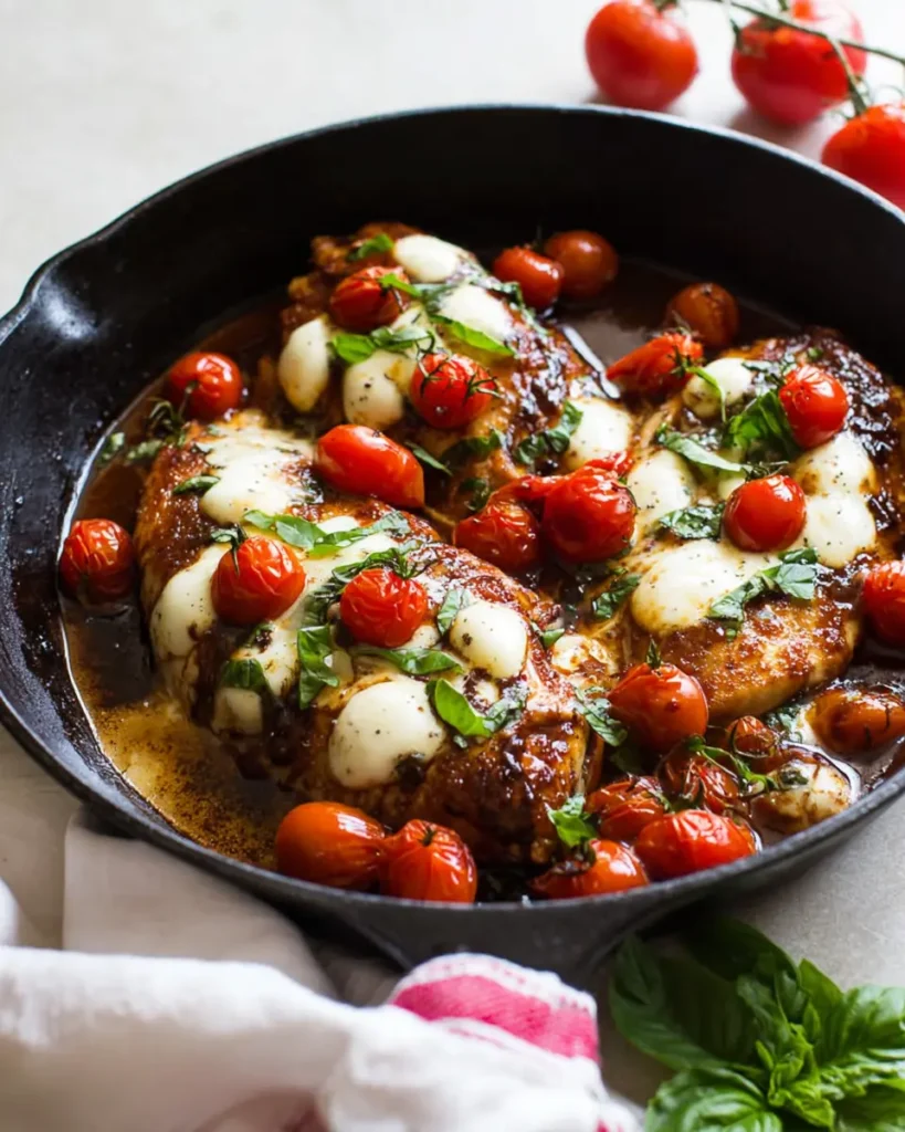 One-pan balsamic chicken in cast iron skillet with tomatoes, basil, and mozzarella pearls