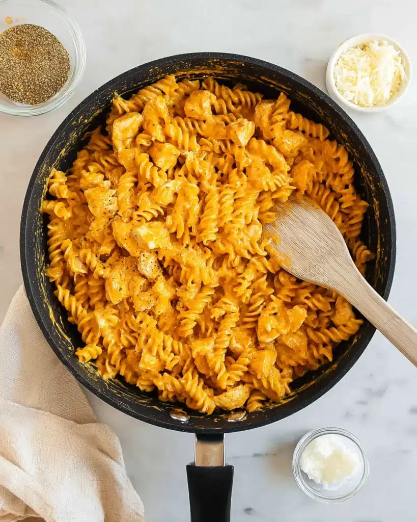 Buffalo chicken rotini pasta tossed in creamy orange ranch sauce inside a skillet with wooden spatula.