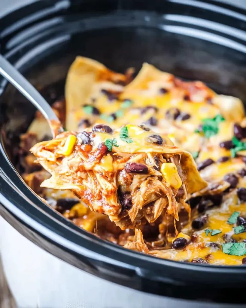 Crockpot Chicken Enchilada Casserole – Easy Cheesy Comfort 13 Finished crockpot chicken enchiladas casserole with melted cheese, shredded chicken, beans, and corn in a slow cooker.