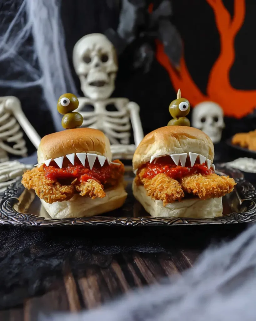 Two finished Halloween Chicken Parmesan Sliders with mozzarella monster teeth and olive eyes on toothpicks, served on a spooky black tray.
