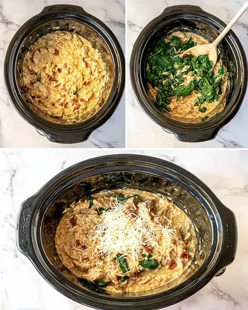 Creamy Tuscan Chicken Orzo – A Wonderful Slow Cooker Dinner 13 Final step of creamy Tuscan chicken orzo with spinach and Parmesan stirred into slow cooker
