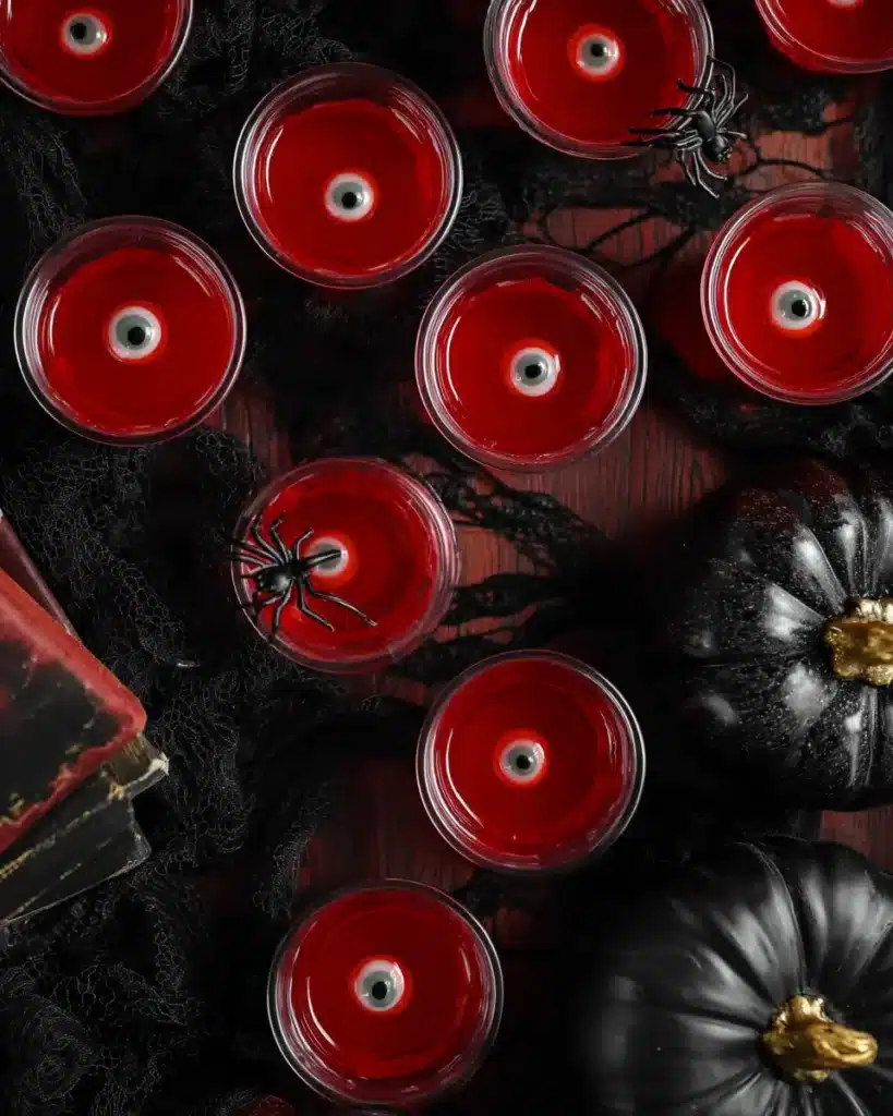 Top-down photo of Halloween eyeball jello shots in red gelatin cups with candy eyeballs and plastic spiders on black gauze, styled with spooky props.