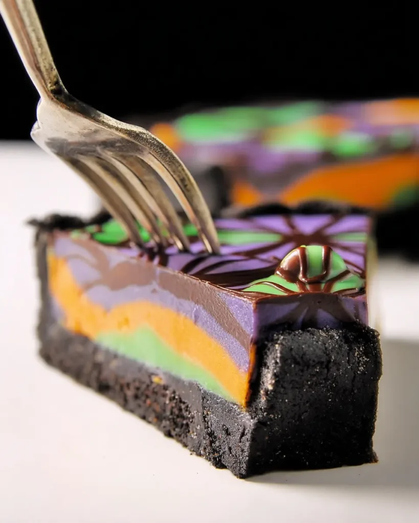 Close-up of Spiderweb Brownie Tart slice with fork taking a bite, showing colorful layers.