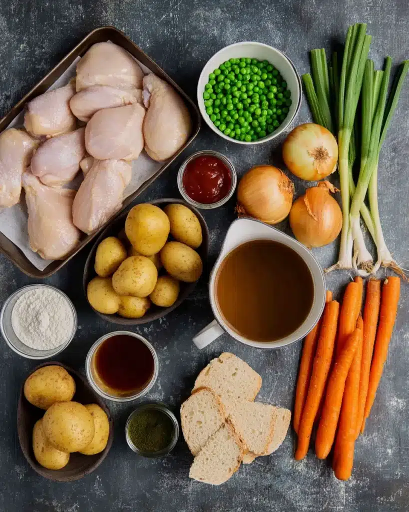 Slow Cooker Chicken Stew Recipe for a Hearty, Happy Dinner 9 Flat lay of chicken stew ingredients including chicken breasts, baby potatoes, carrots, celery, peas, onion, garlic, broth, cream, and herbs on a rustic table