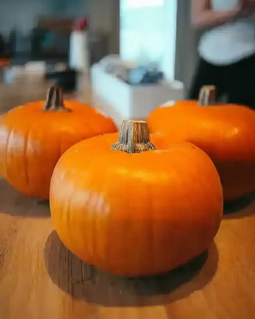 Crispy Pumpkin Seeds – Easy Air Fryer Recipe 9 Fresh orange pumpkins on a kitchen counter for pumpkin seed recipe
