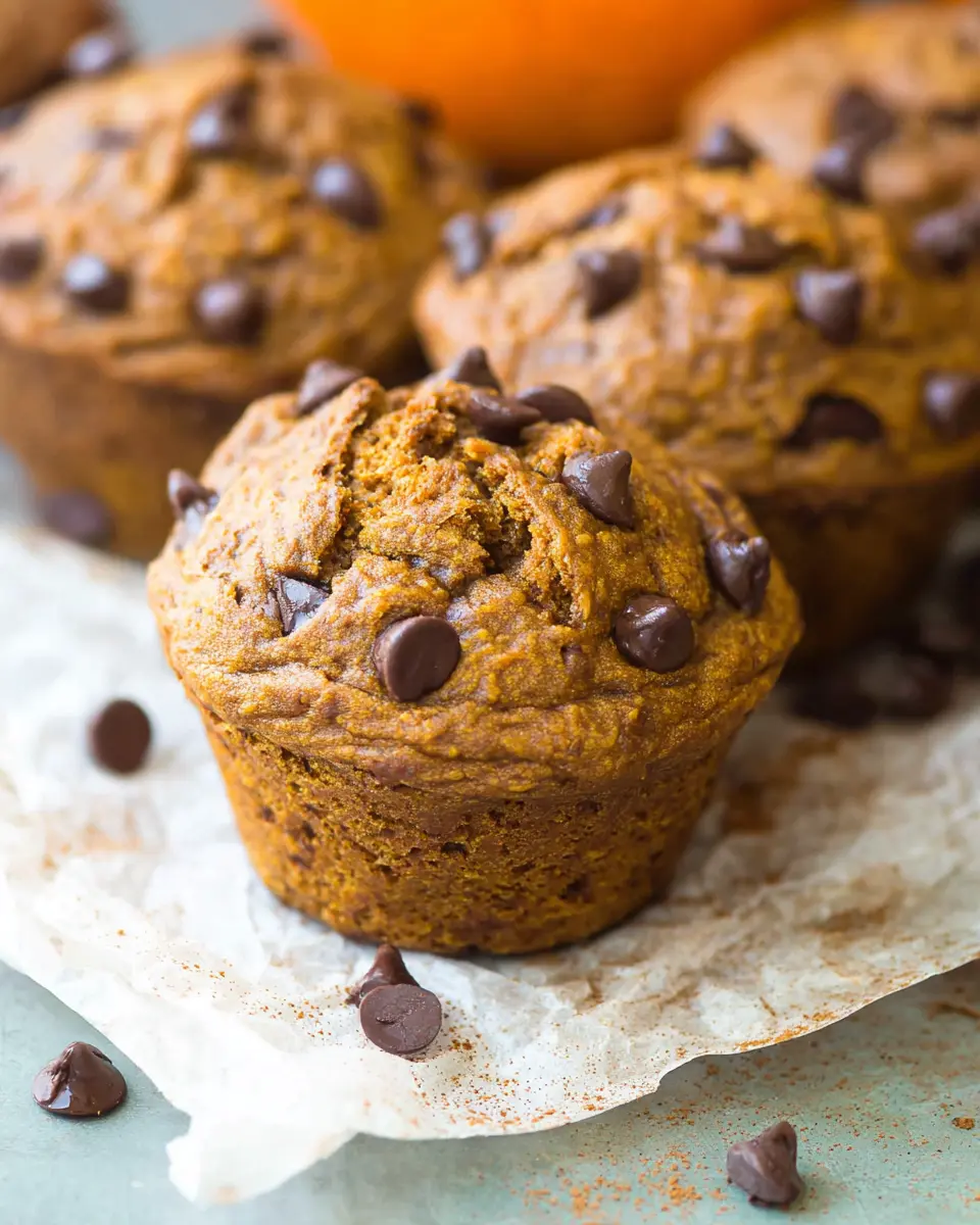 Moist pumpkin chocolate chip muffin topped with mini chocolate chips on parchment paper