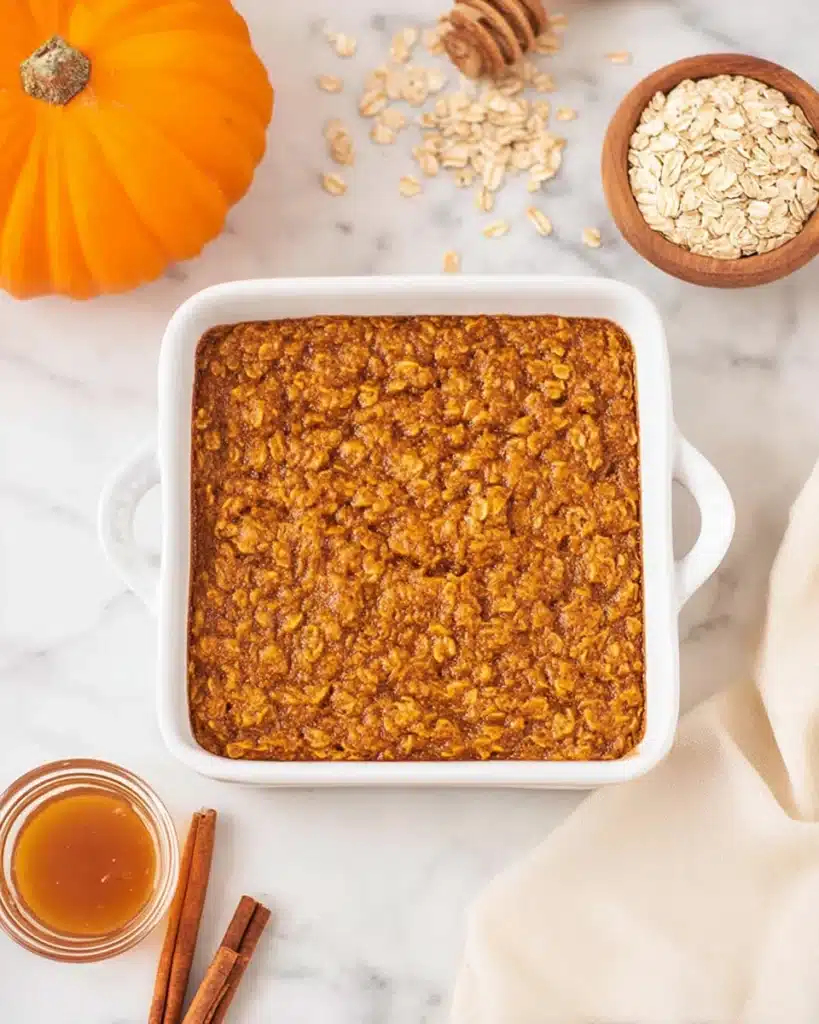 Freshly baked pumpkin oatmeal in a white ceramic pan with cinnamon sticks and oats on a marble countertop