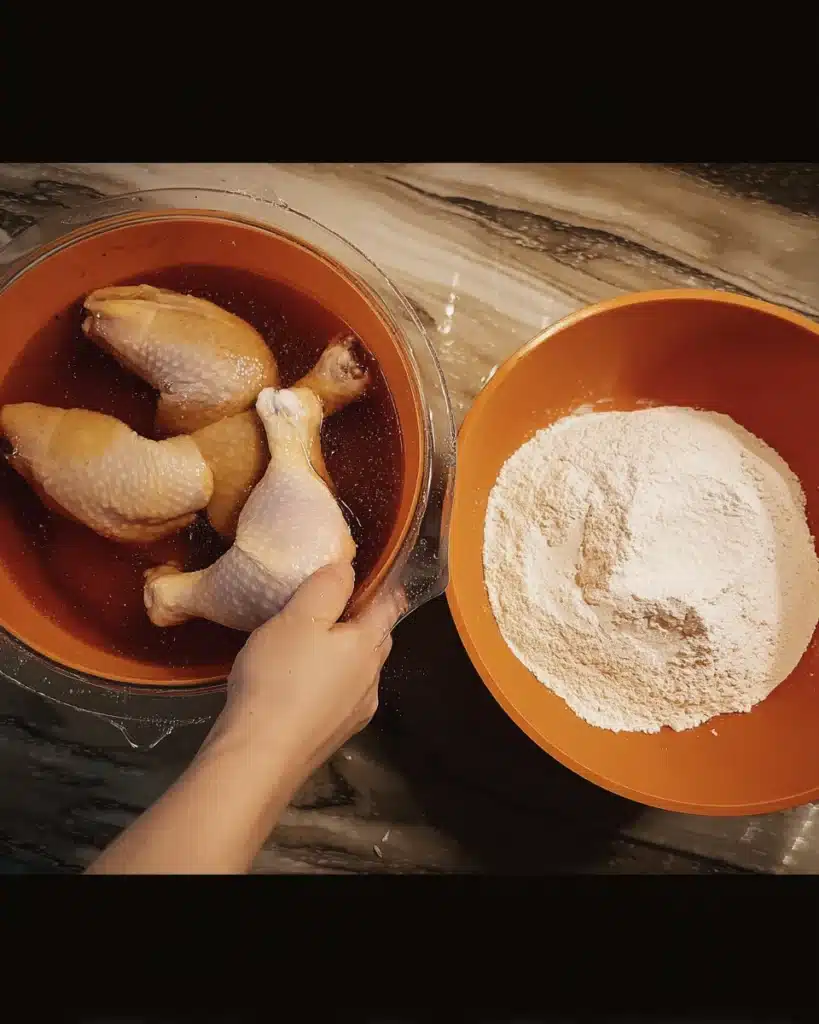 Hand lifting chicken drumstick from seasoned brine beside bowl of spiced flour coating mix