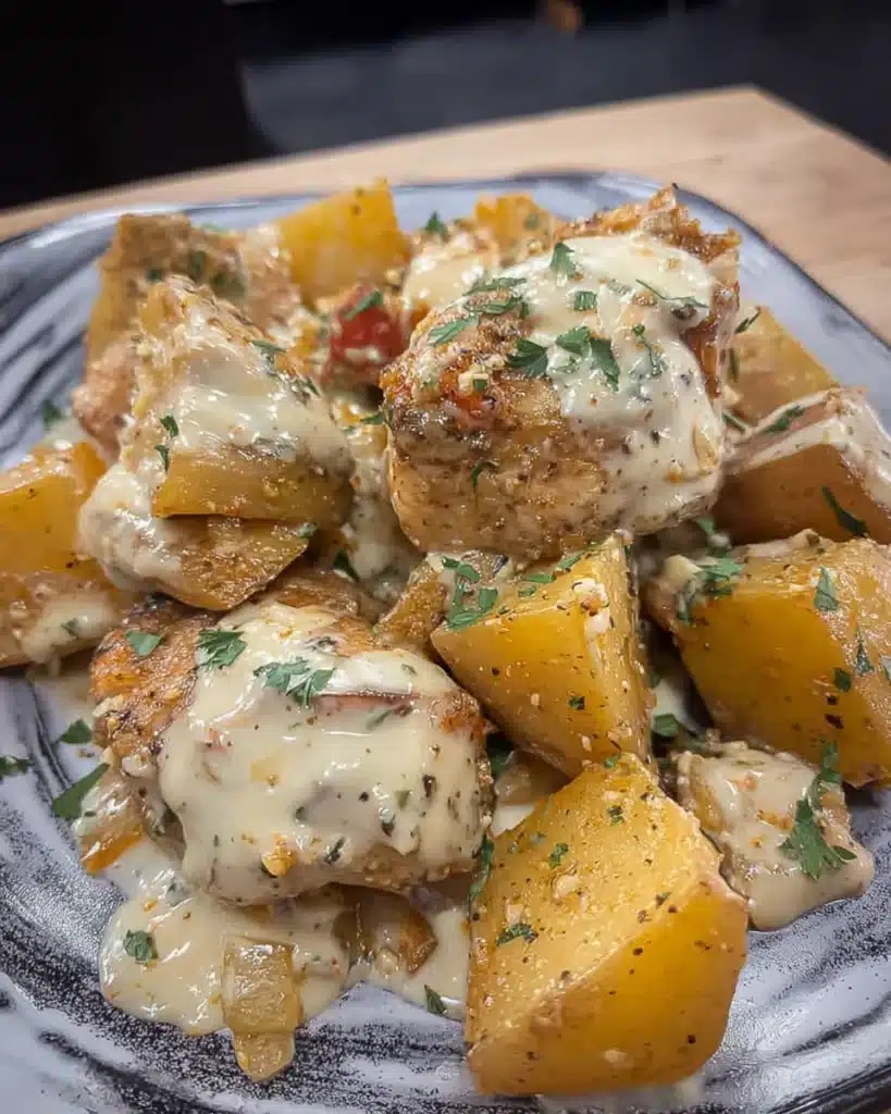 Garlic Parmesan Crockpot Chicken and Potatoes – Easy Comfort Dinner 8 Garlic parmesan chicken and potatoes with creamy sauce on a plate