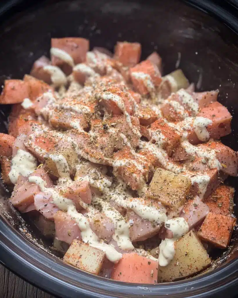 Garlic Parmesan Crockpot Chicken and Potatoes – Easy Comfort Dinner 9 Garlic Parmesan Crockpot Chicken and Potatoes being prepared with sauce drizzle