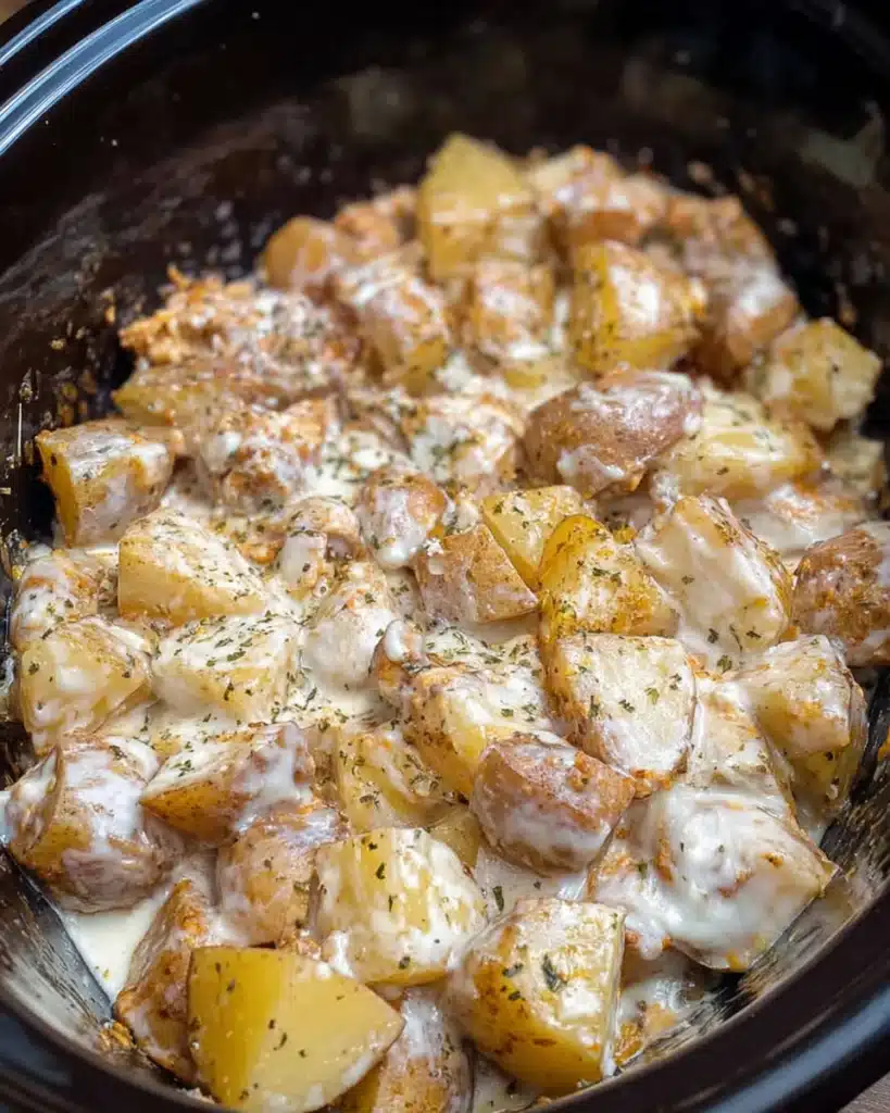 Garlic Parmesan Crockpot Chicken and Potatoes – Easy Comfort Dinner 10 Garlic Parmesan Crockpot Chicken and Potatoes cooking in creamy sauce