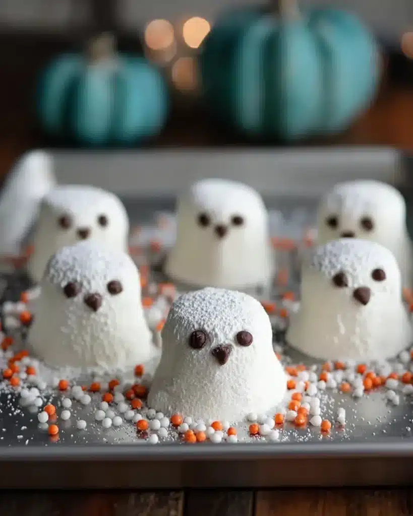Halloween ghost marshmallows with chocolate eyes and sugar dusting on a baking tray with colorful sprinkles.
