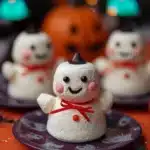 Ghostbusters Stay Puft Marshmallows on festive Halloween plates with candy eyes, red bows, and smiling faces.