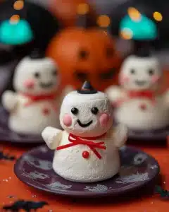 Ghostbusters Stay Puft Marshmallows on festive Halloween plates with candy eyes, red bows, and smiling faces.