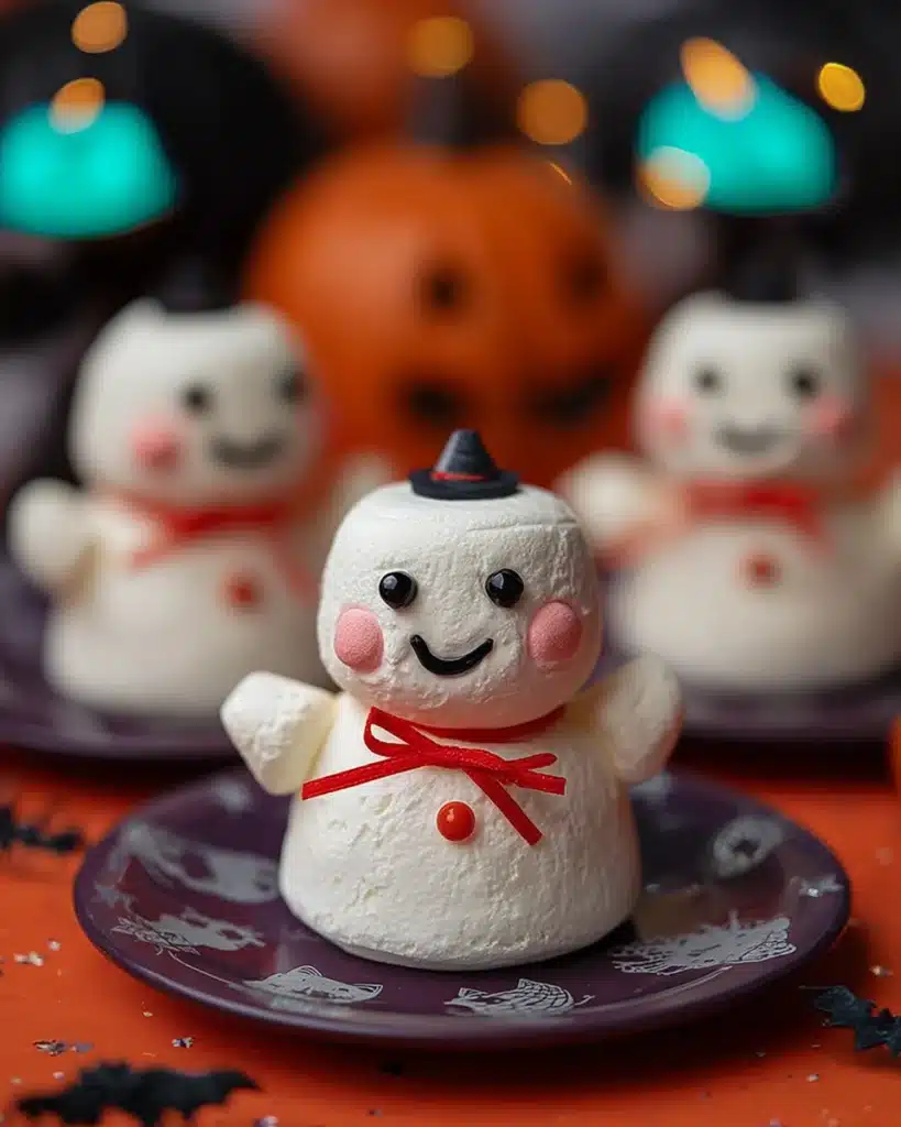 Ghostbusters Stay Puft Marshmallows on festive Halloween plates with candy eyes, red bows, and smiling faces.