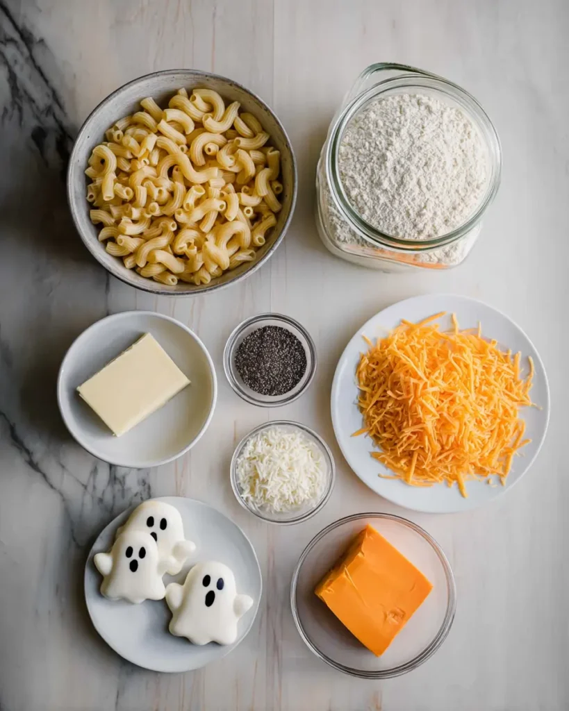 Flat lay of Halloween mac and cheese ingredients with ghost-shaped mozzarella